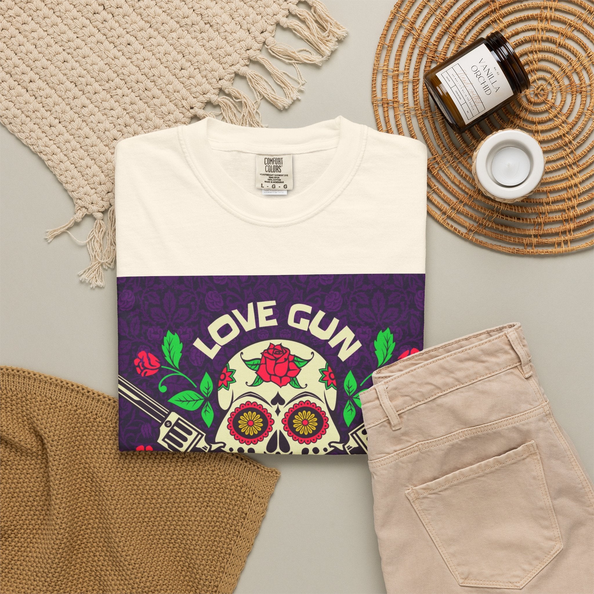 Love Gun Skull T‑Shirt — Day of the Dead Floral Graphic Tee