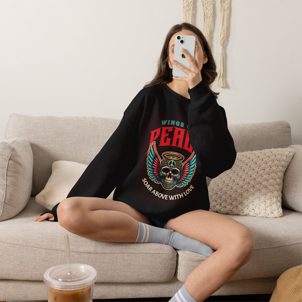 Wings of Peace Skull Crewneck Sweatshirt — Soar Above With Love Graphic