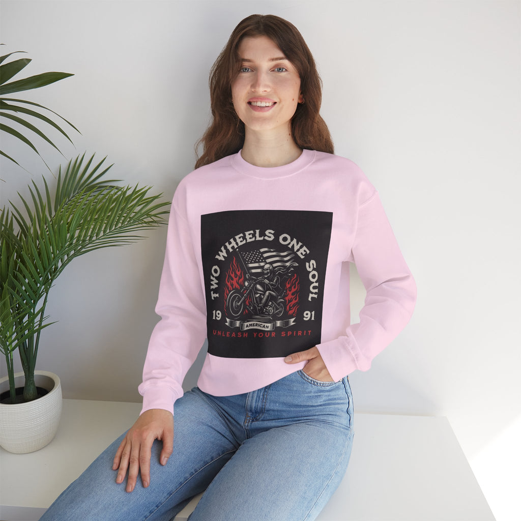 Motorcycle Crewneck Sweatshirt - "Two Wheels One Soul" Vintage Bike Graphic