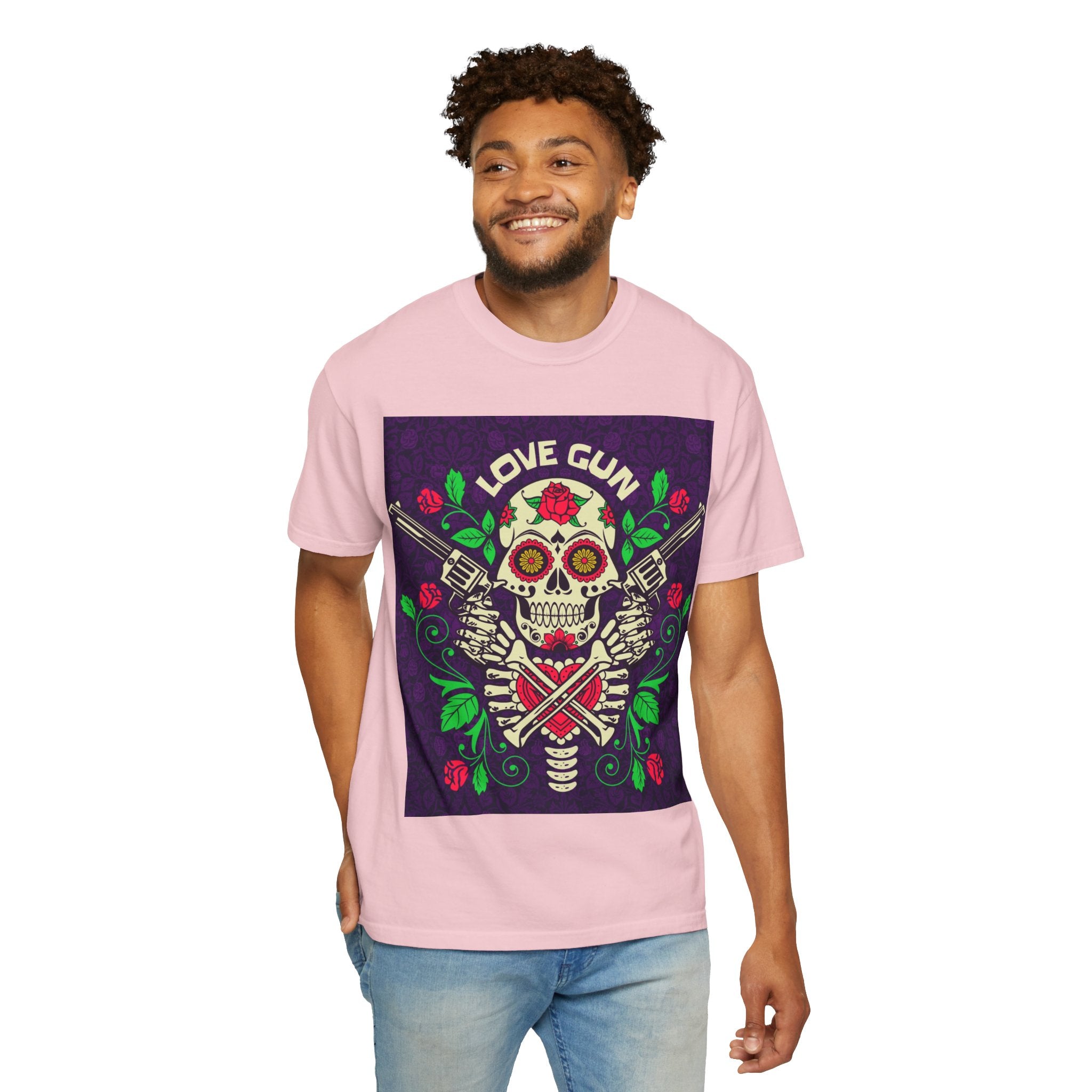 Love Gun Skull T‑Shirt — Day of the Dead Floral Graphic Tee
