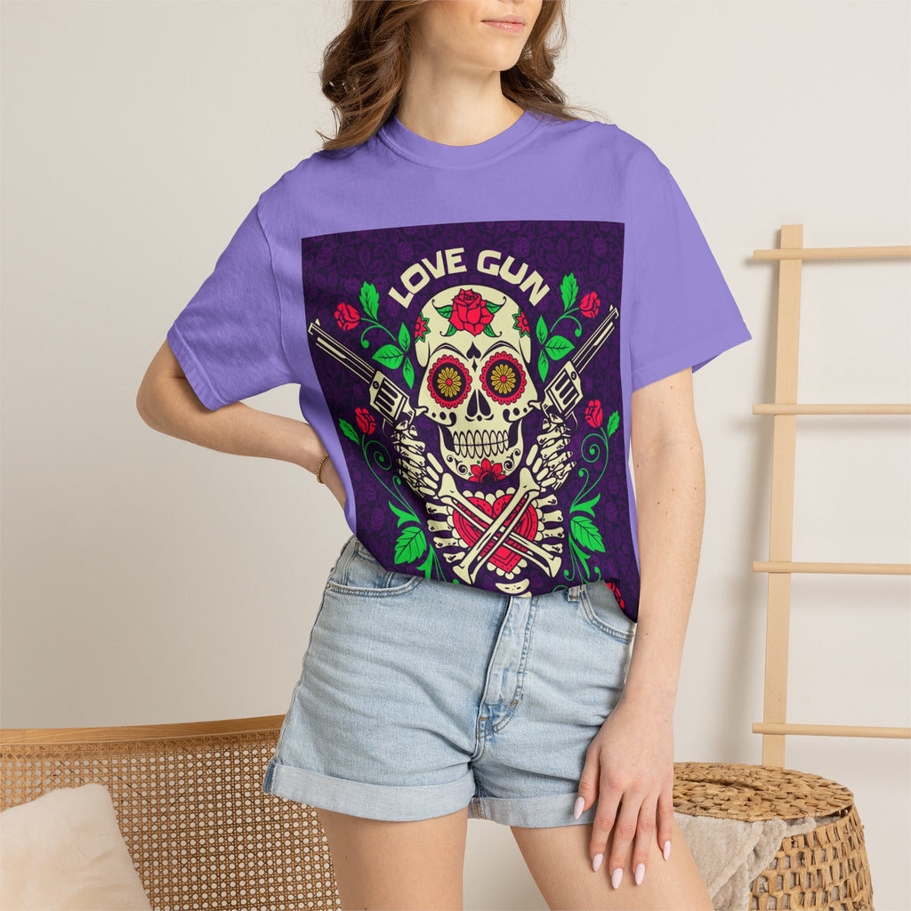 Love Gun Skull T‑Shirt — Day of the Dead Floral Graphic Tee