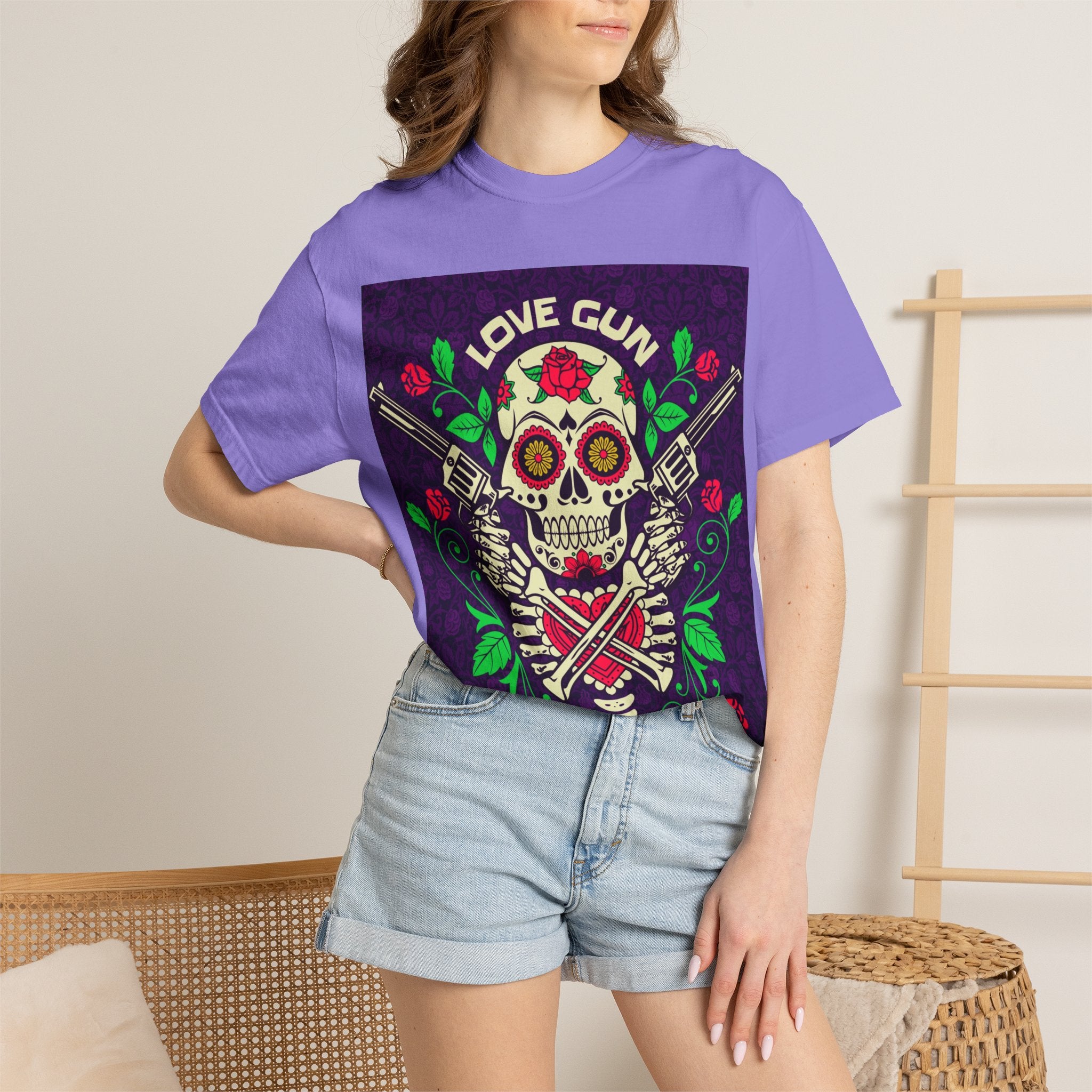 Love Gun Skull T‑Shirt — Day of the Dead Floral Graphic Tee