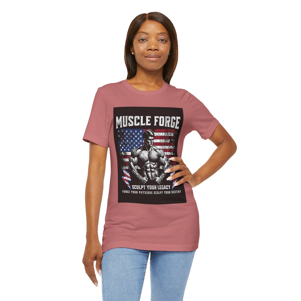 Muscle Forge American Flag Gym Tee — "Sculpt Your Legacy" Fitness T-Shirt