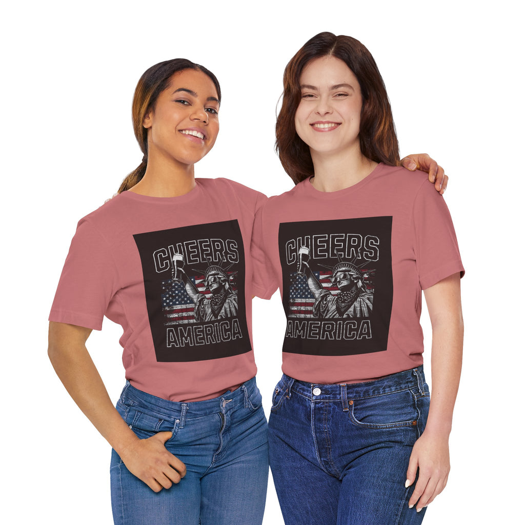 Cheers America T-Shirt — Statue of Liberty Holding Beer & Flag Patriotic Tee