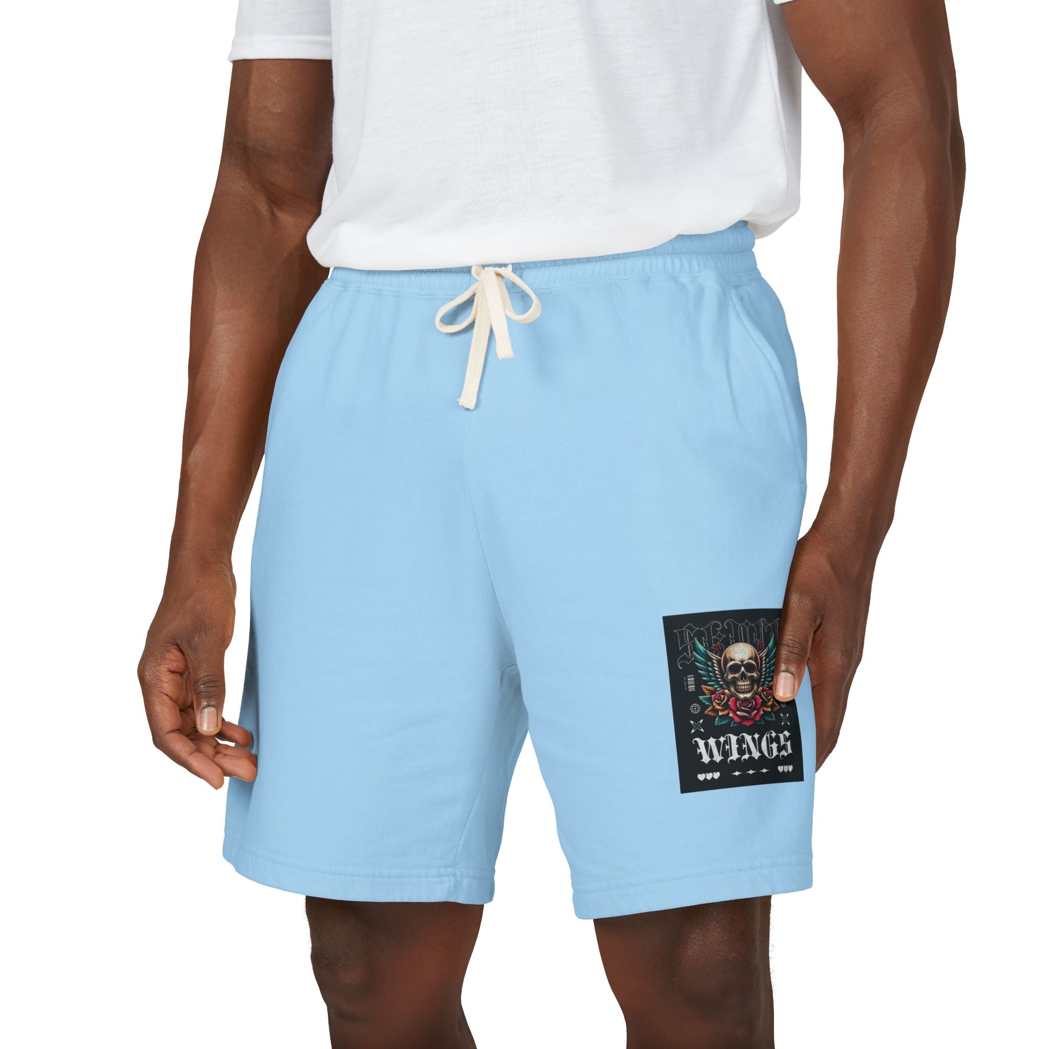 Skull & Wings Fleece Sweat Shorts — Lightweight Garment-Dyed Lounge Shorts