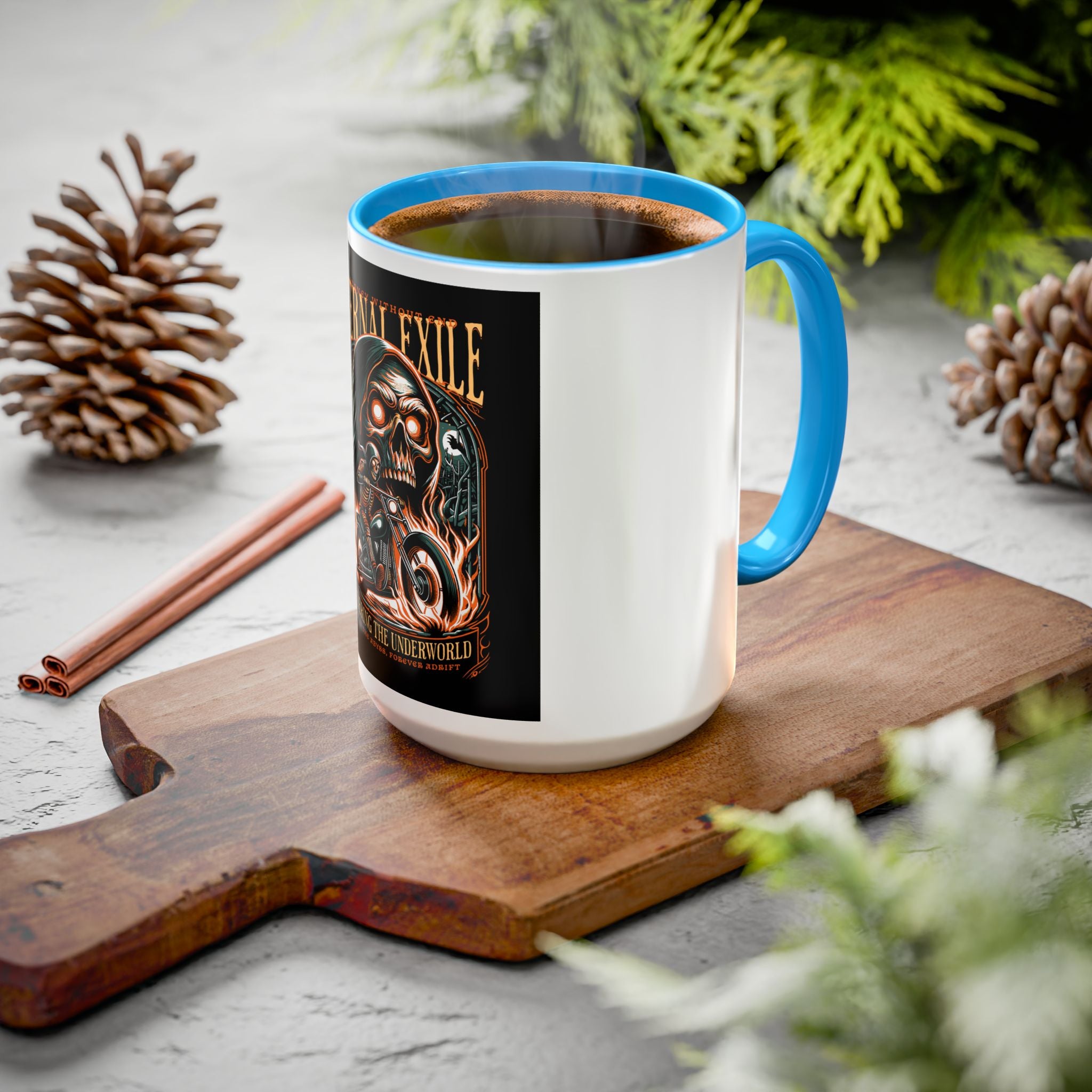 Eternal Exile Skull Biker Mug — Gothic Motorcycle Coffee Cup (11oz/15oz)