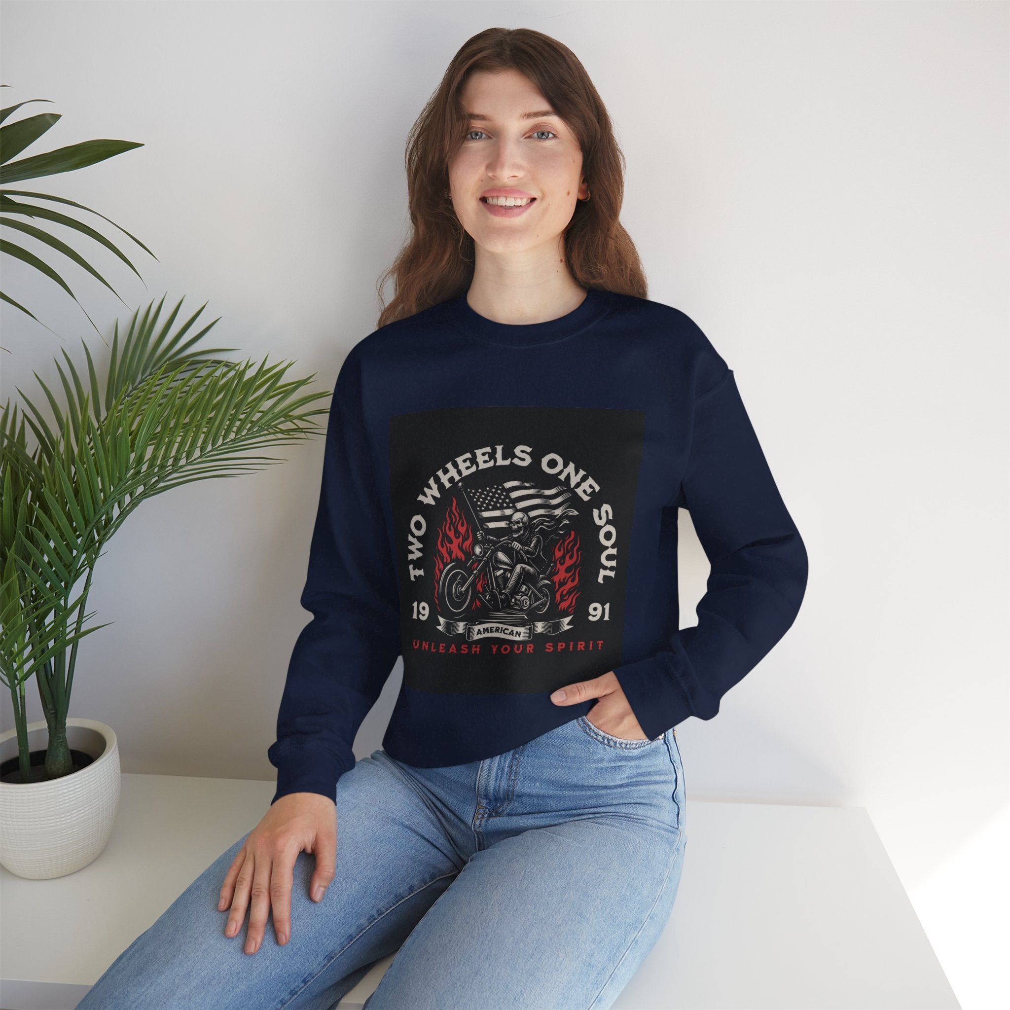 Motorcycle Crewneck Sweatshirt - "Two Wheels One Soul" Vintage Bike Graphic