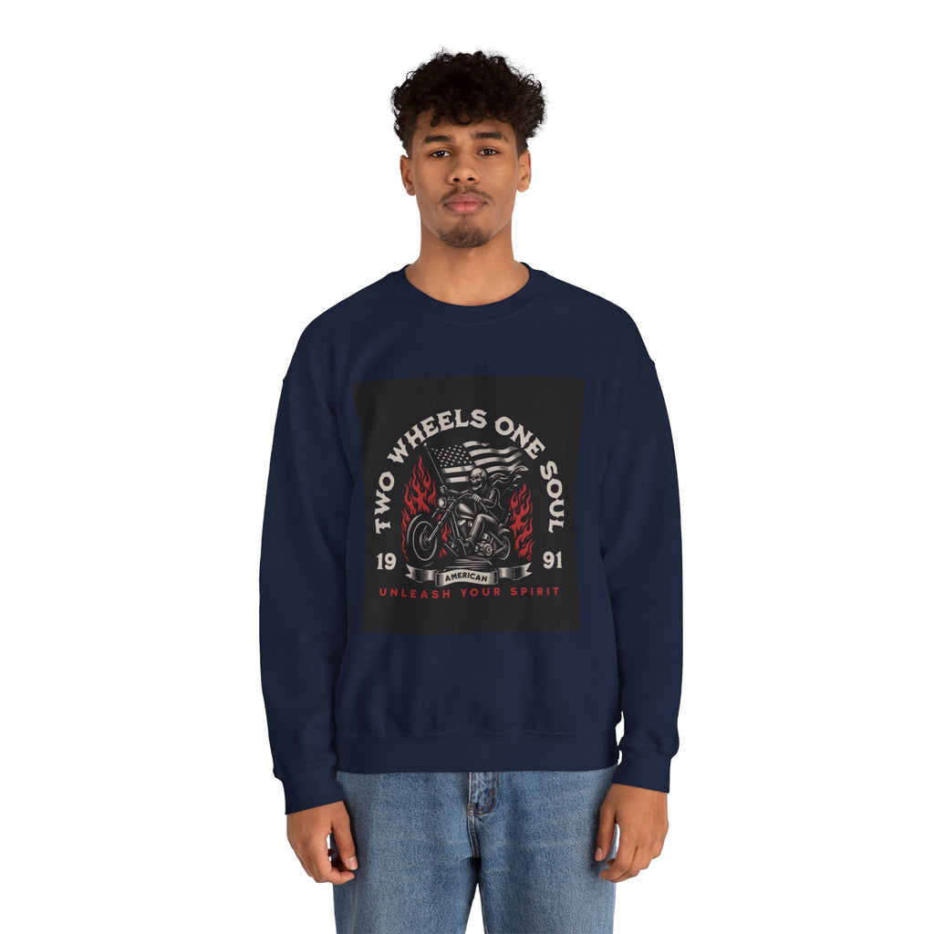 Motorcycle Crewneck Sweatshirt - "Two Wheels One Soul" Vintage Bike Graphic
