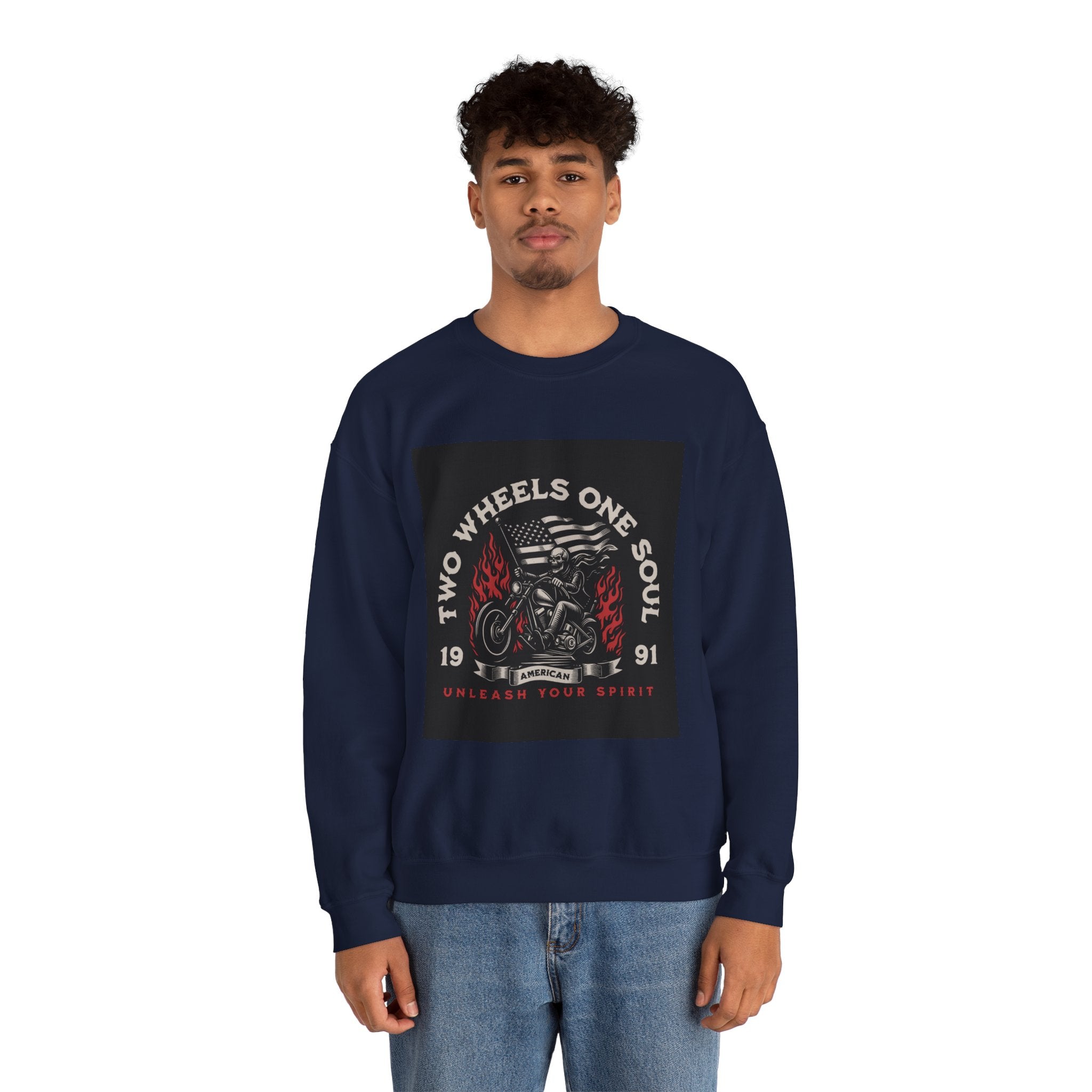 Motorcycle Crewneck Sweatshirt - "Two Wheels One Soul" Vintage Bike Graphic