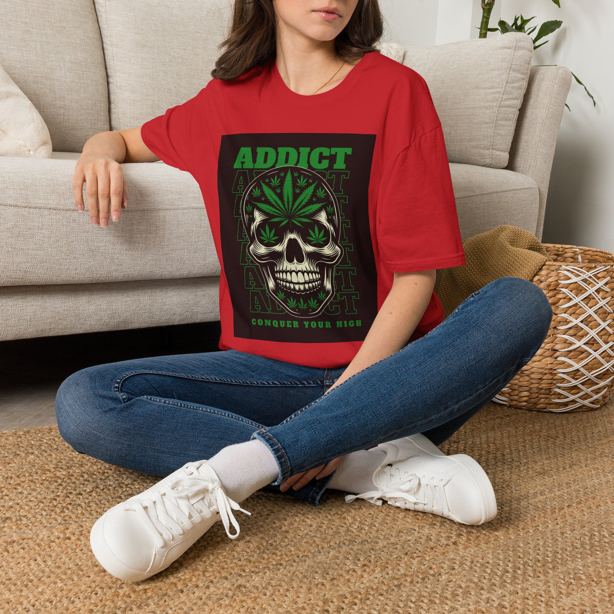T‑Shirt — "Addict" Skull with Cannabis Leaf Graphic