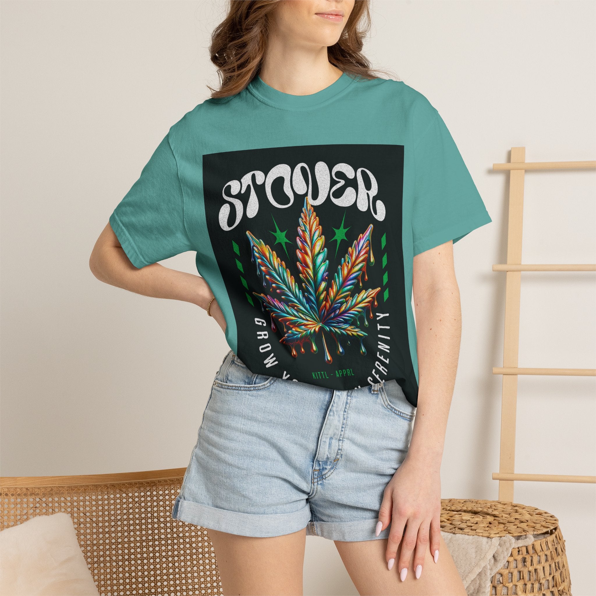 T-Shirt — Stover "Grow Your Own Serenity" Colorful Cannabis Leaf Graphic