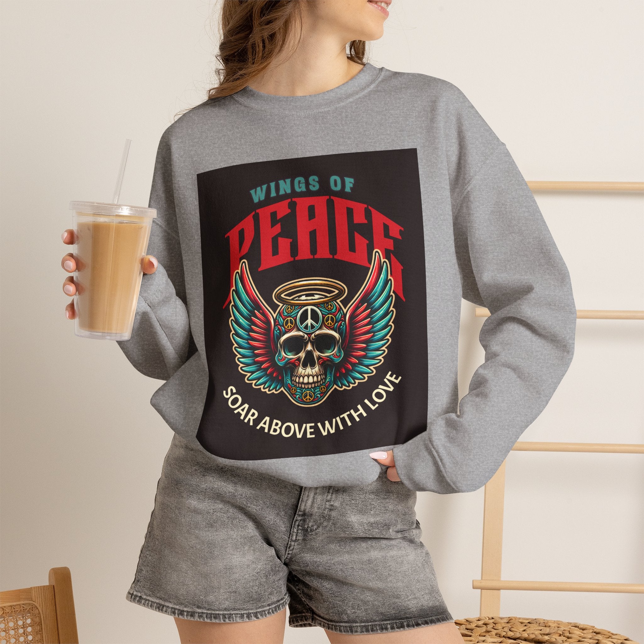 Wings of Peace Skull Crewneck Sweatshirt — Soar Above With Love Graphic