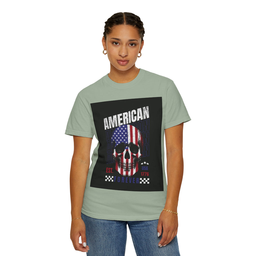 American Skull Flag T-Shirt — "American Forever" Patriotic Graphic Tee