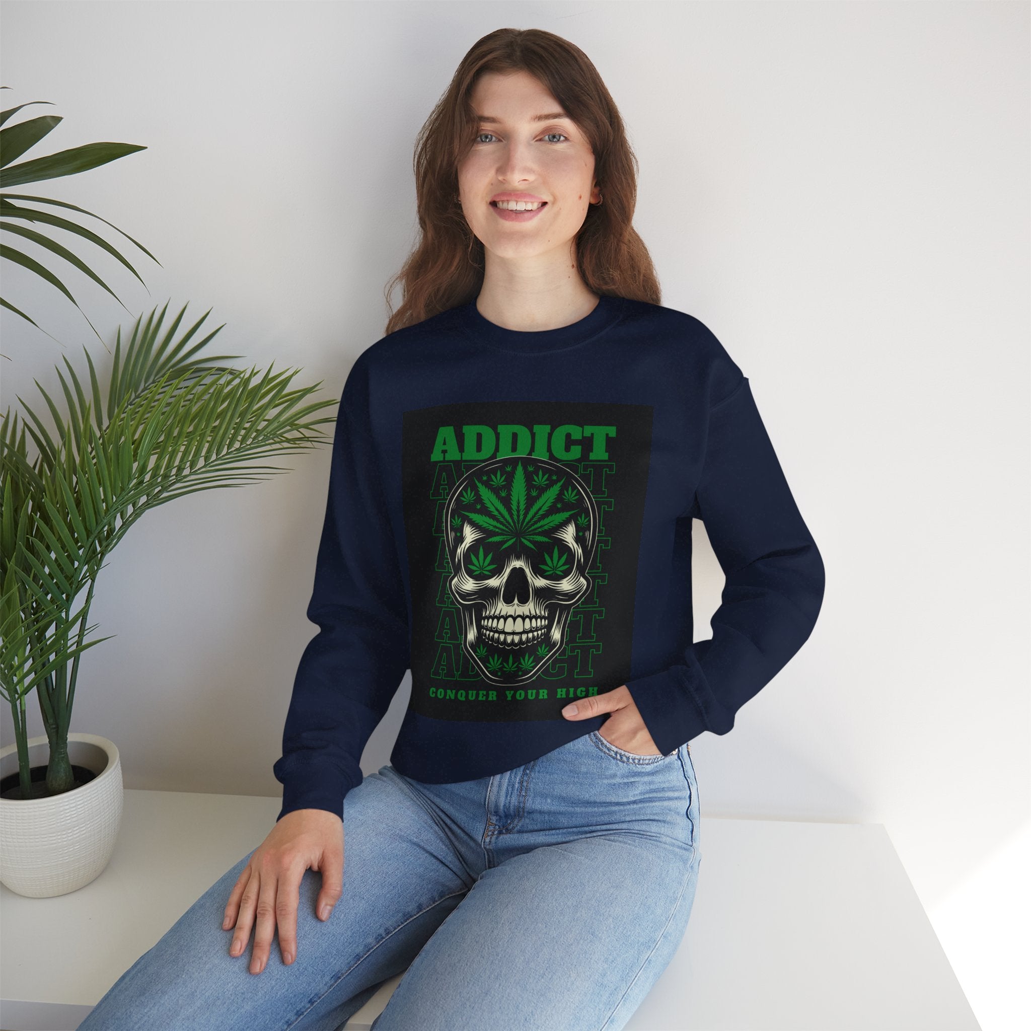 Skull & Cannabis 'Addict' Crewneck Sweatshirt — Conquer Your High Graphic Sweatshirt