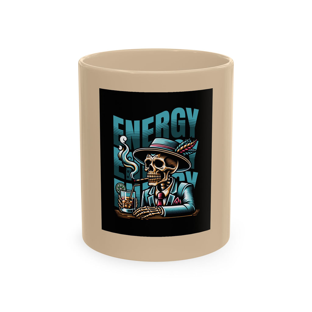 Skull 'Energy' Ceramic Coffee Mug — Retro Skeleton with Drink Design