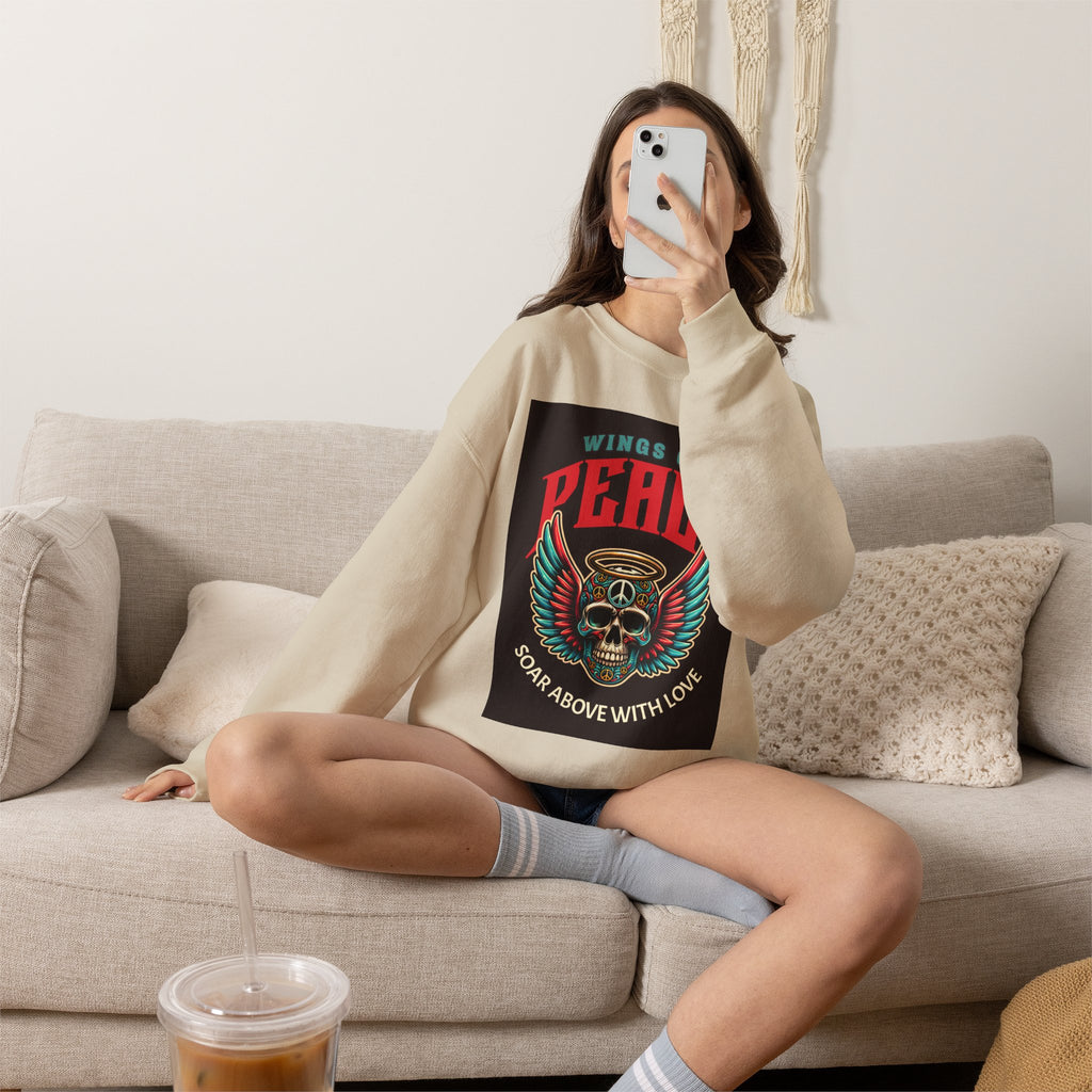 Wings of Peace Skull Crewneck Sweatshirt — Soar Above With Love Graphic