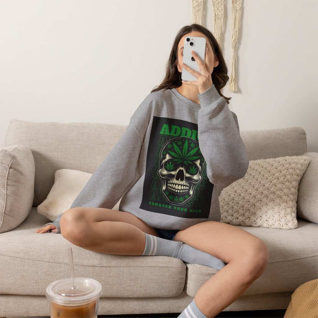 Skull & Cannabis 'Addict' Crewneck Sweatshirt — Conquer Your High Graphic Sweatshirt