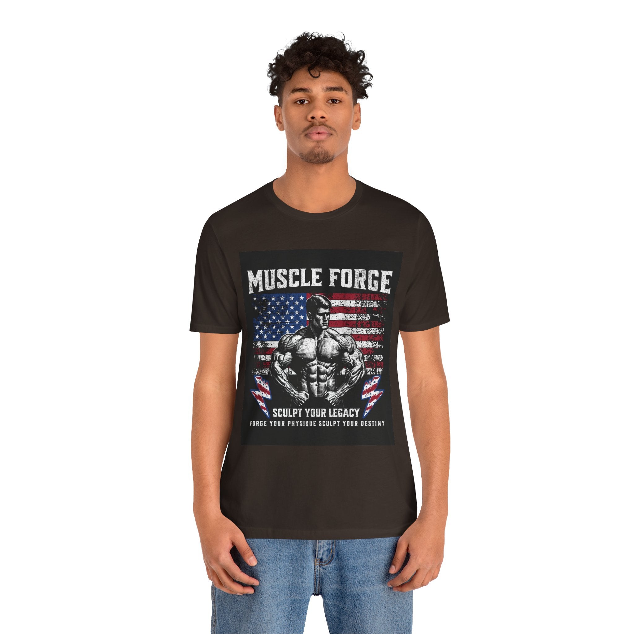 Muscle Forge American Flag Gym Tee — "Sculpt Your Legacy" Fitness T-Shirt