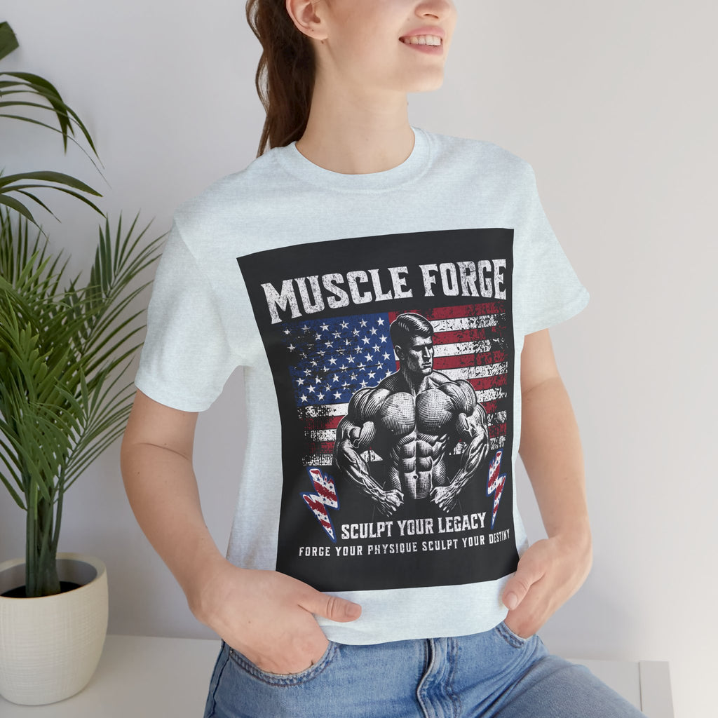 Muscle Forge American Flag Gym Tee — "Sculpt Your Legacy" Fitness T-Shirt