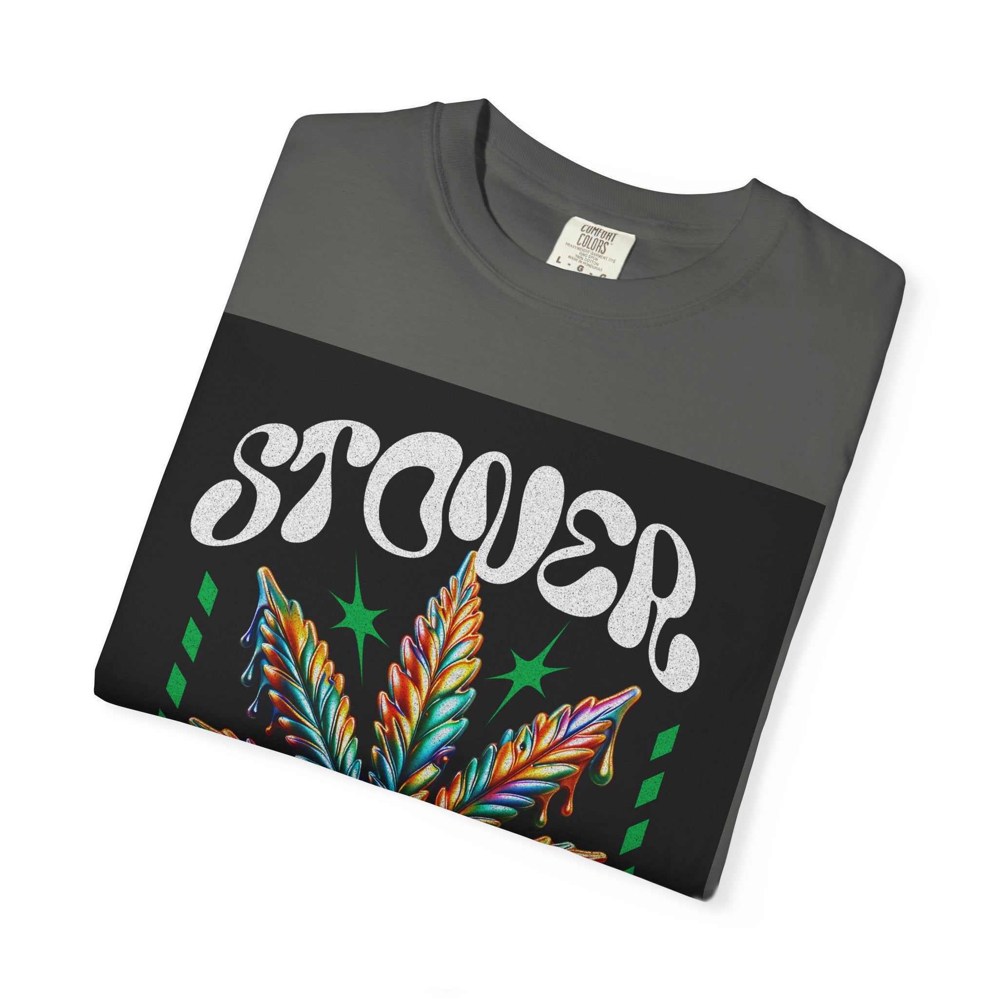 T-Shirt — Stover "Grow Your Own Serenity" Colorful Cannabis Leaf Graphic