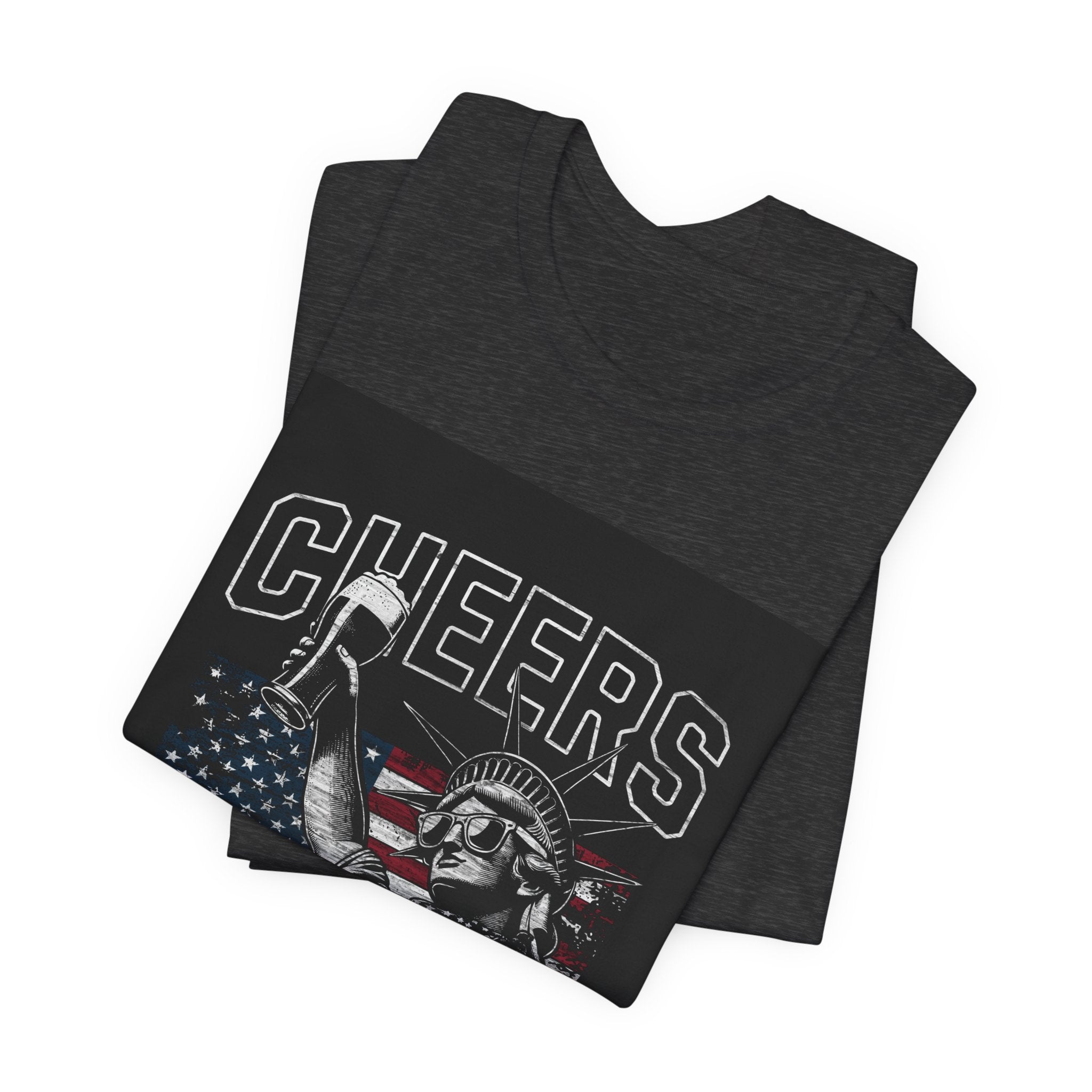 Cheers America T-Shirt — Statue of Liberty Holding Beer & Flag Patriotic Tee