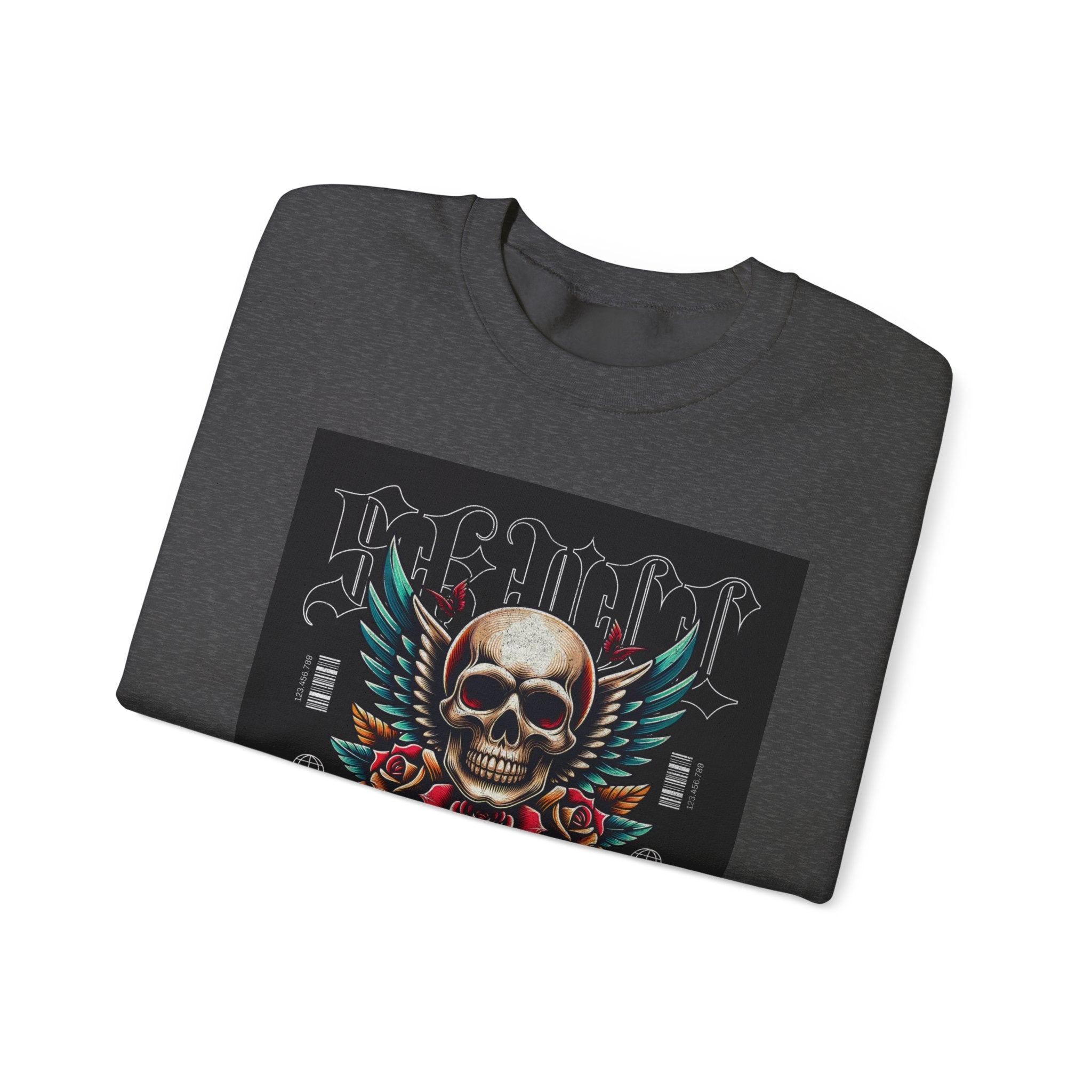 Skull Wings Crewneck Sweatshirt — Vintage Tattoo Skull with Rose Graphic