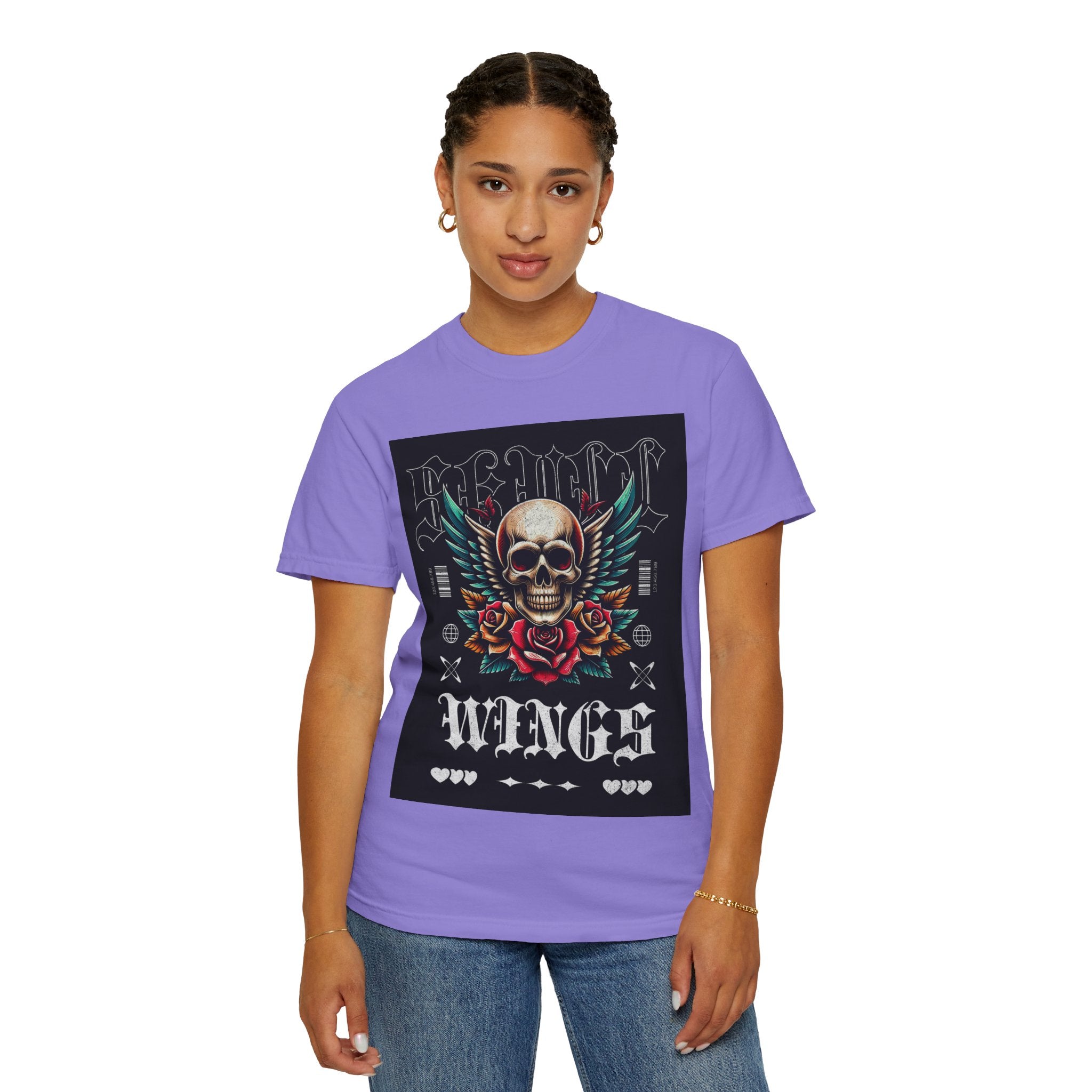 Skull Wings Graphic T-Shirt — Vintage Rock Tattoo Style with Roses