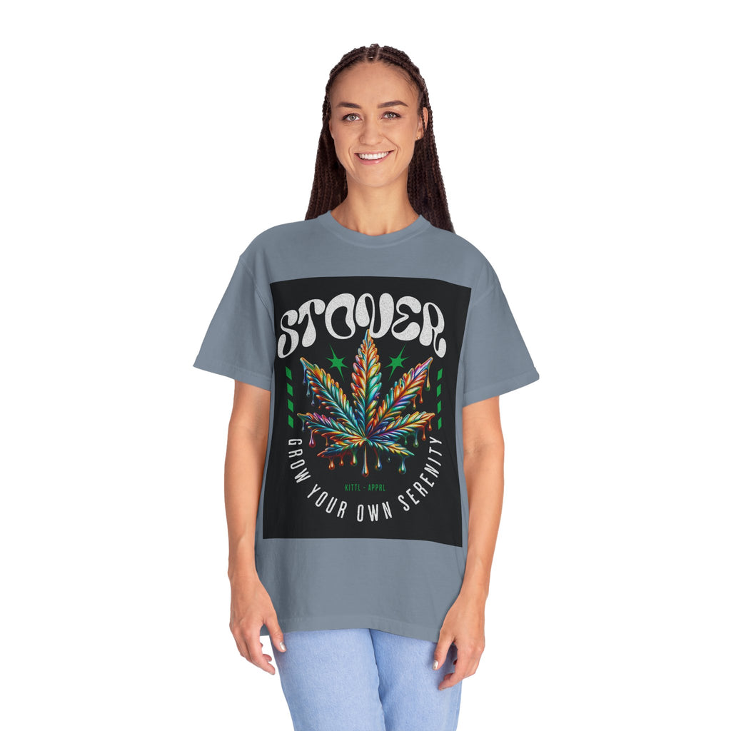 T-Shirt — Stover "Grow Your Own Serenity" Colorful Cannabis Leaf Graphic