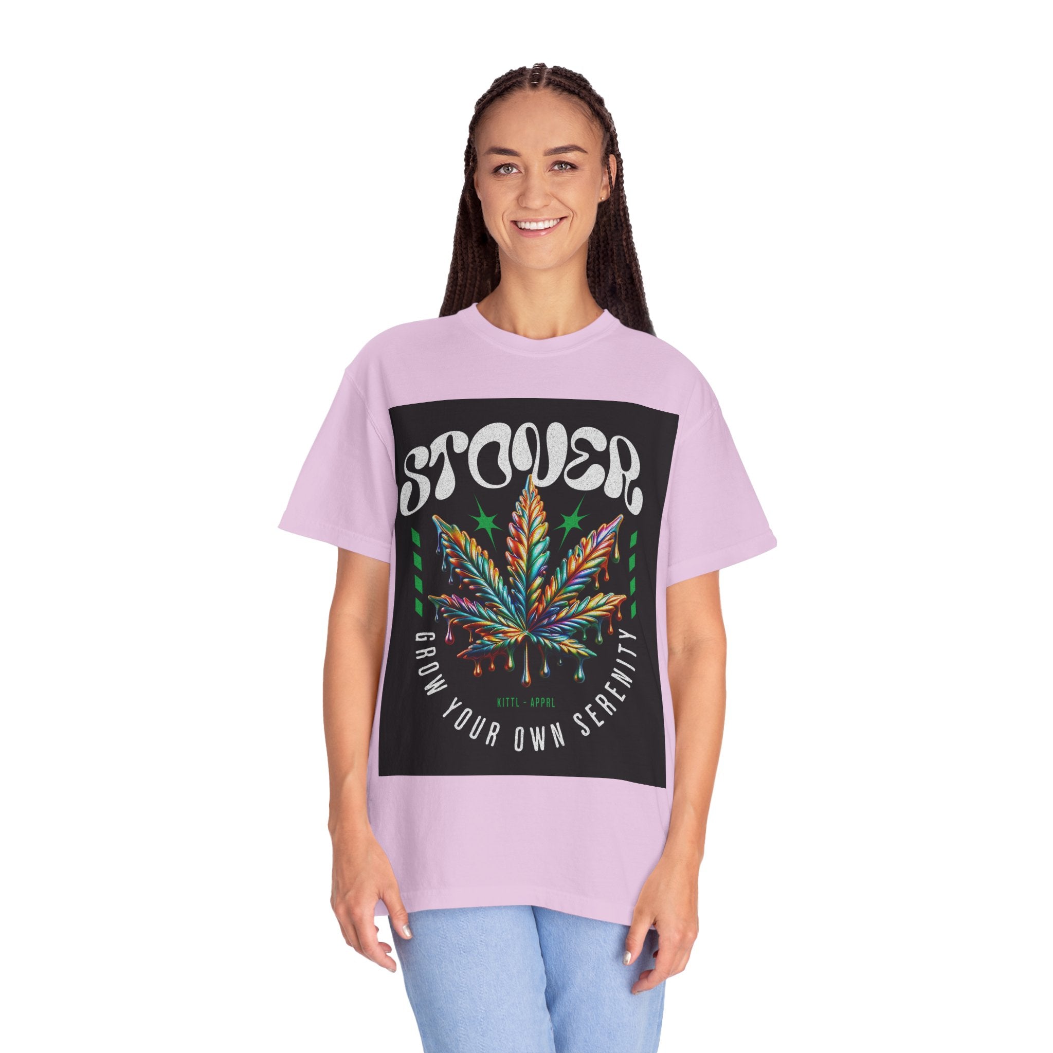 T-Shirt — Stover "Grow Your Own Serenity" Colorful Cannabis Leaf Graphic