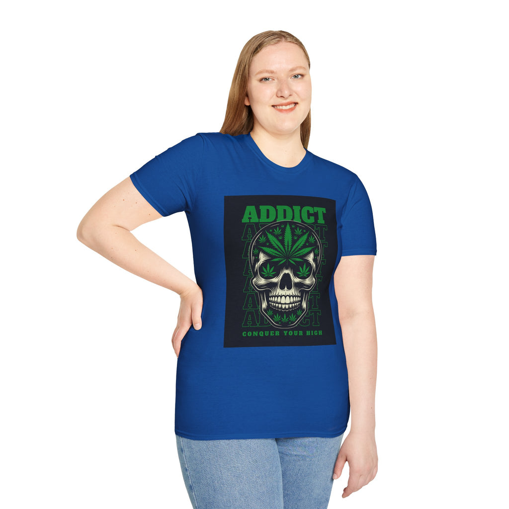 T‑Shirt — "Addict" Skull with Cannabis Leaf Graphic