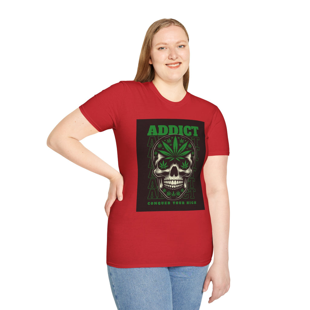 T‑Shirt — "Addict" Skull with Cannabis Leaf Graphic