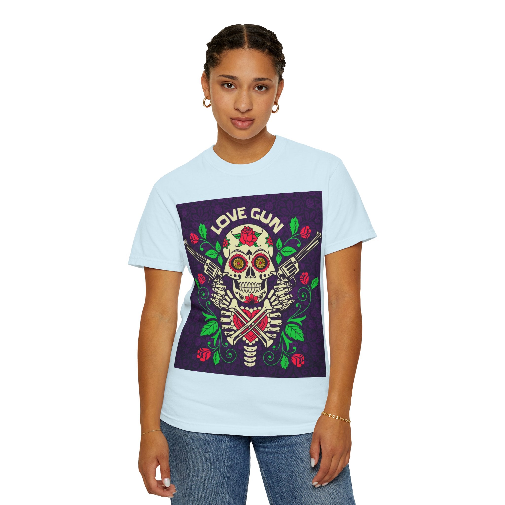 Love Gun Skull T‑Shirt — Day of the Dead Floral Graphic Tee