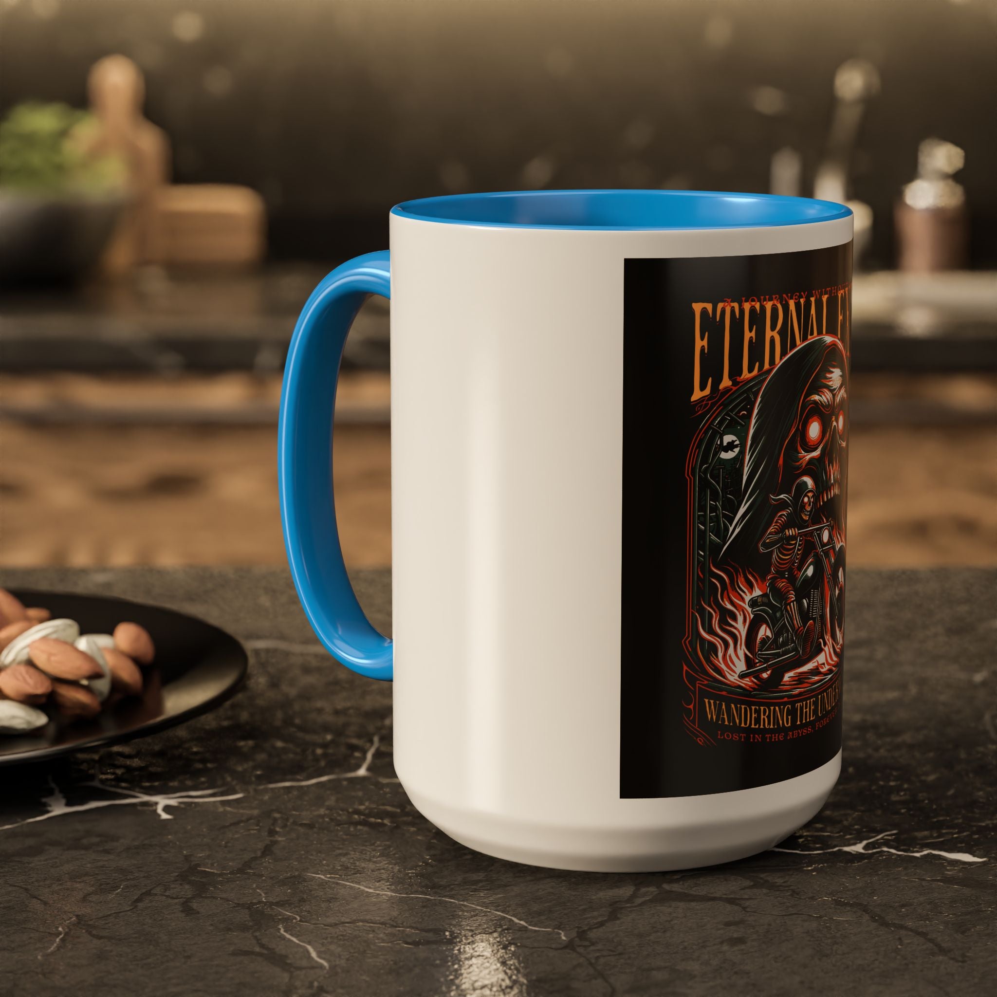 Eternal Exile Skull Biker Mug — Gothic Motorcycle Coffee Cup (11oz/15oz)