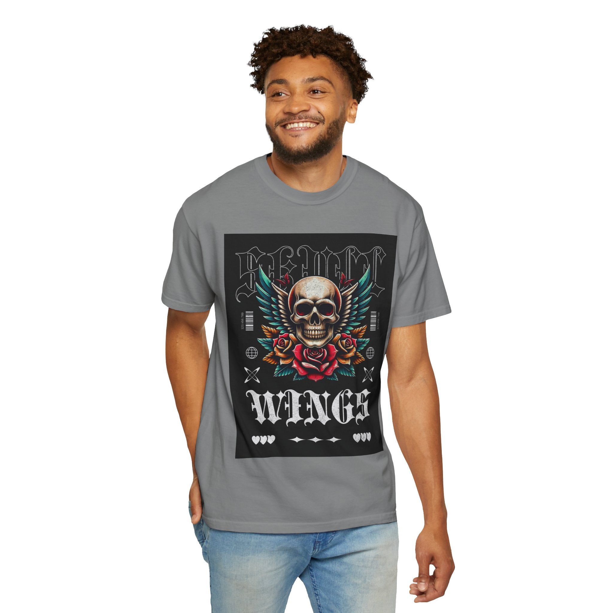Skull Wings Graphic T-Shirt — Vintage Rock Tattoo Style with Roses