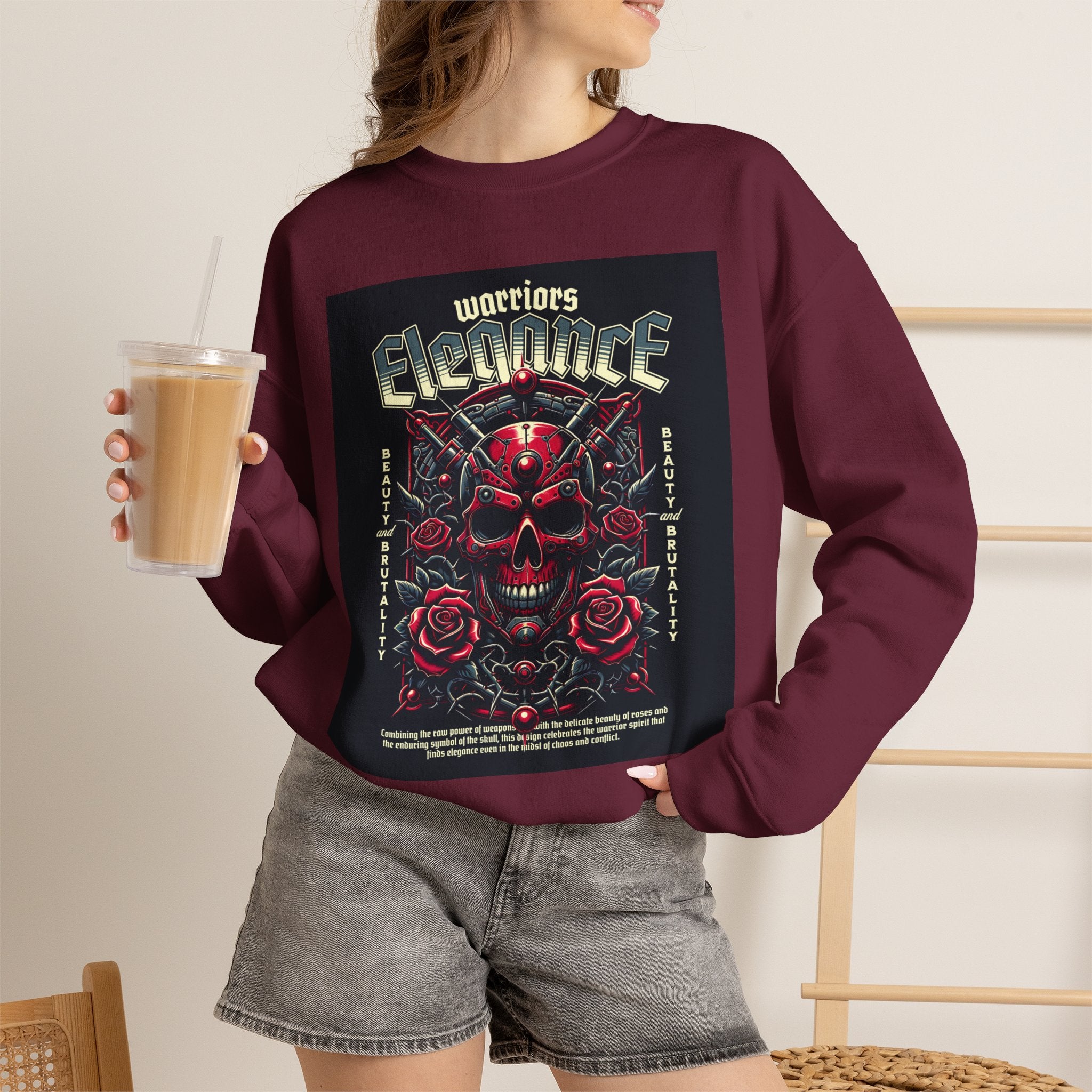 Crewneck Sweatshirt – "Warriors Electric" Skull & Roses Graphic