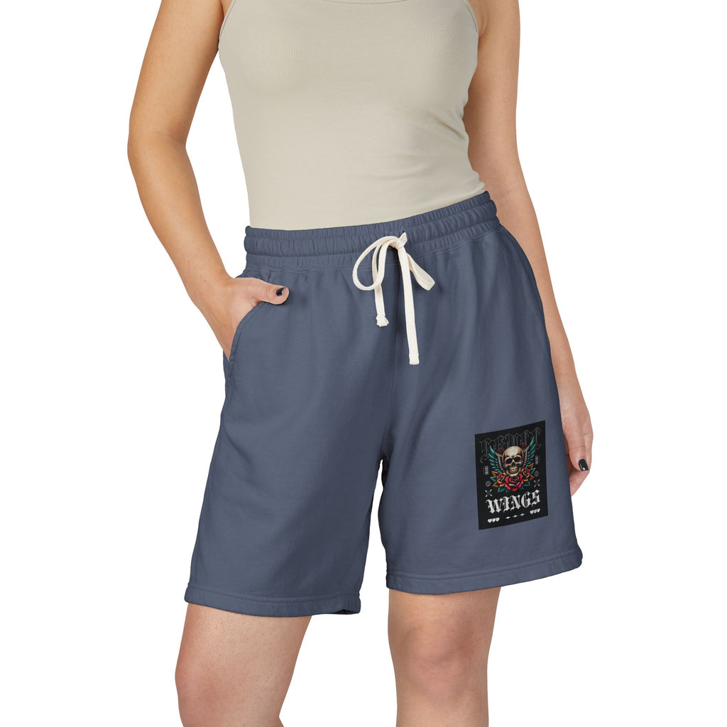 Skull & Wings Fleece Sweat Shorts — Lightweight Garment-Dyed Lounge Shorts