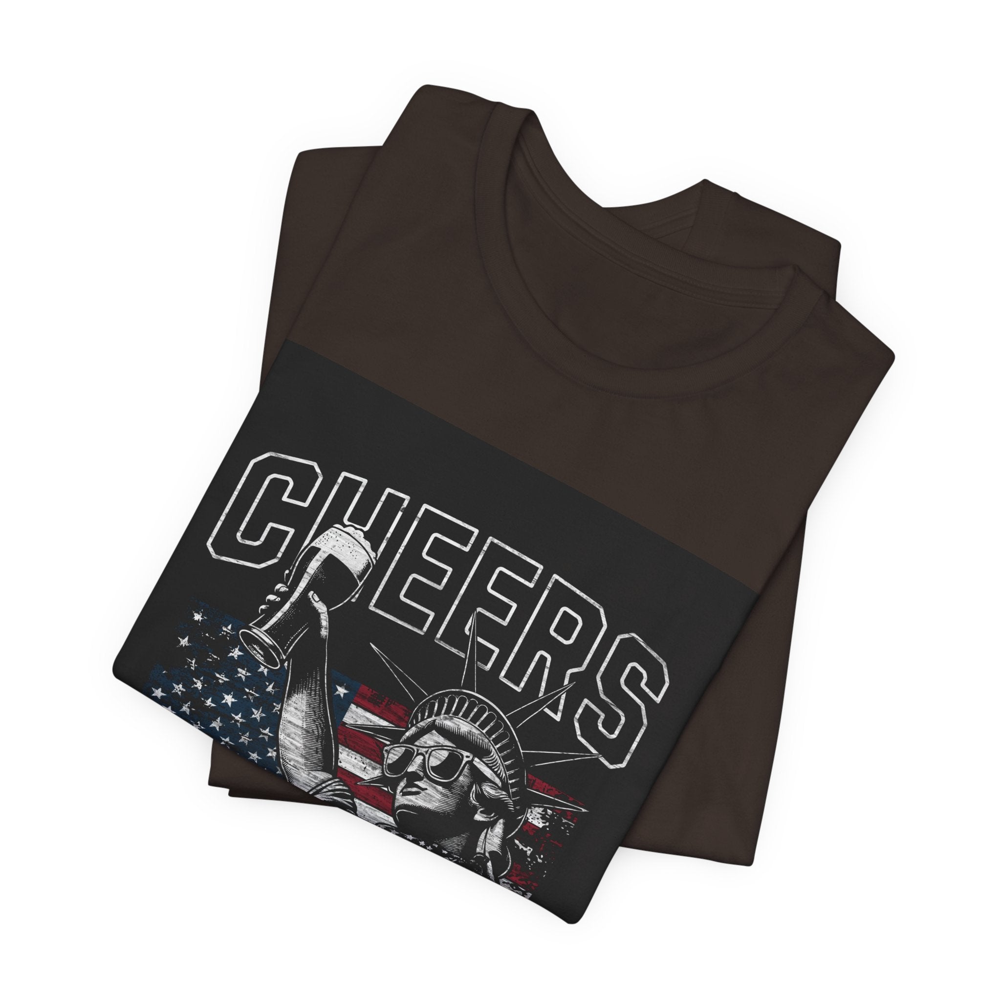 Cheers America T-Shirt — Statue of Liberty Holding Beer & Flag Patriotic Tee