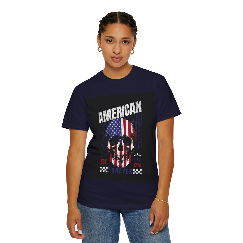 American Skull Flag T-Shirt — "American Forever" Patriotic Graphic Tee