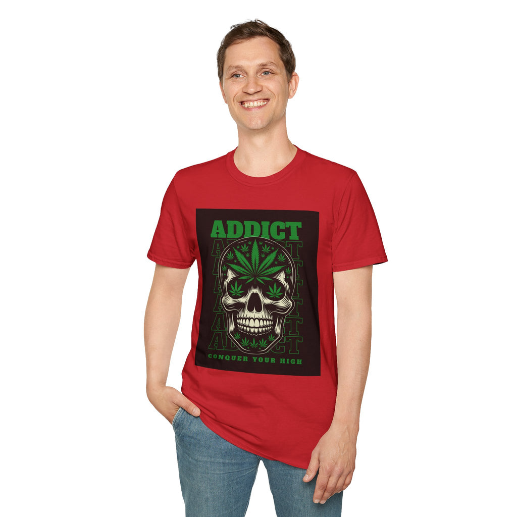 T‑Shirt — "Addict" Skull with Cannabis Leaf Graphic