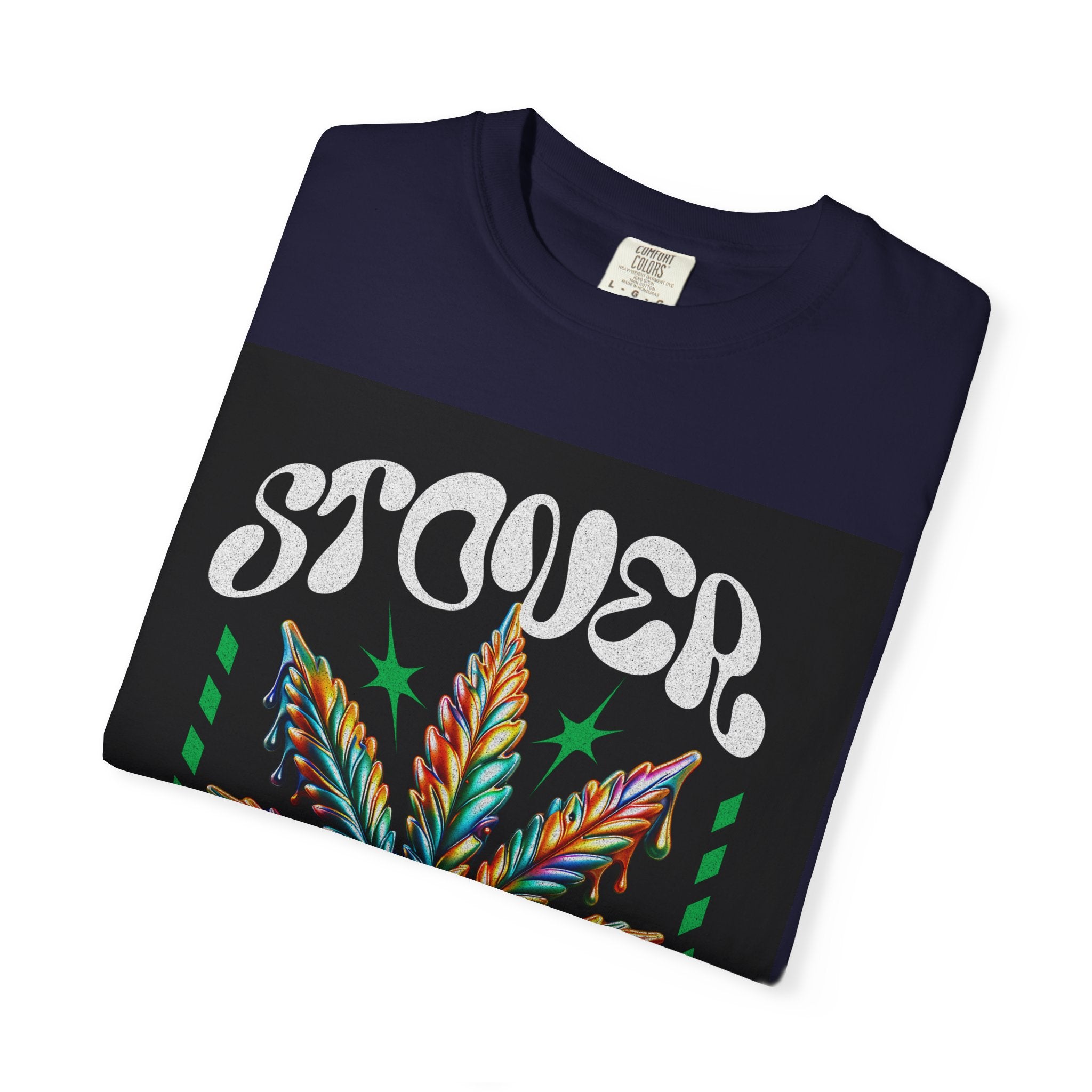 T-Shirt — Stover "Grow Your Own Serenity" Colorful Cannabis Leaf Graphic