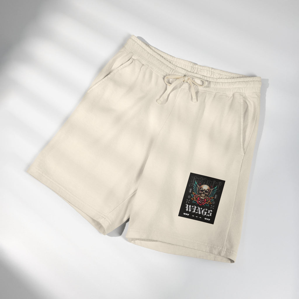Skull & Wings Fleece Sweat Shorts — Lightweight Garment-Dyed Lounge Shorts