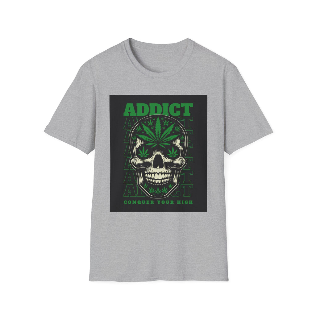 T‑Shirt — "Addict" Skull with Cannabis Leaf Graphic