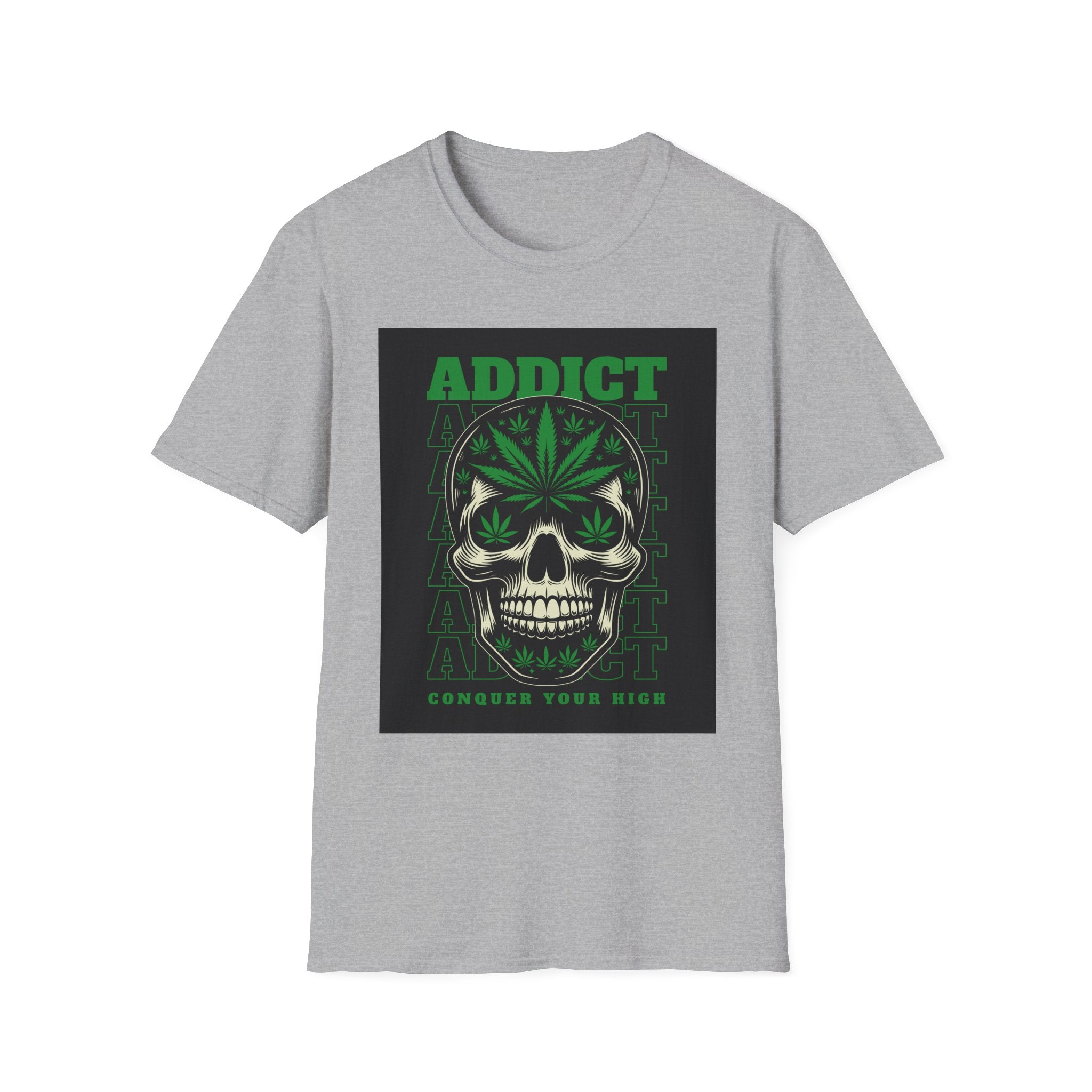 T‑Shirt — "Addict" Skull with Cannabis Leaf Graphic