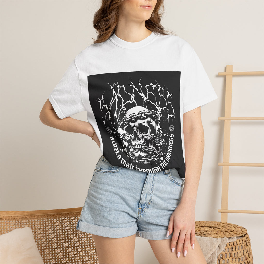 Graphic T-Shirt — 'Break a Path Through the Darkness' Skull Lightning Design