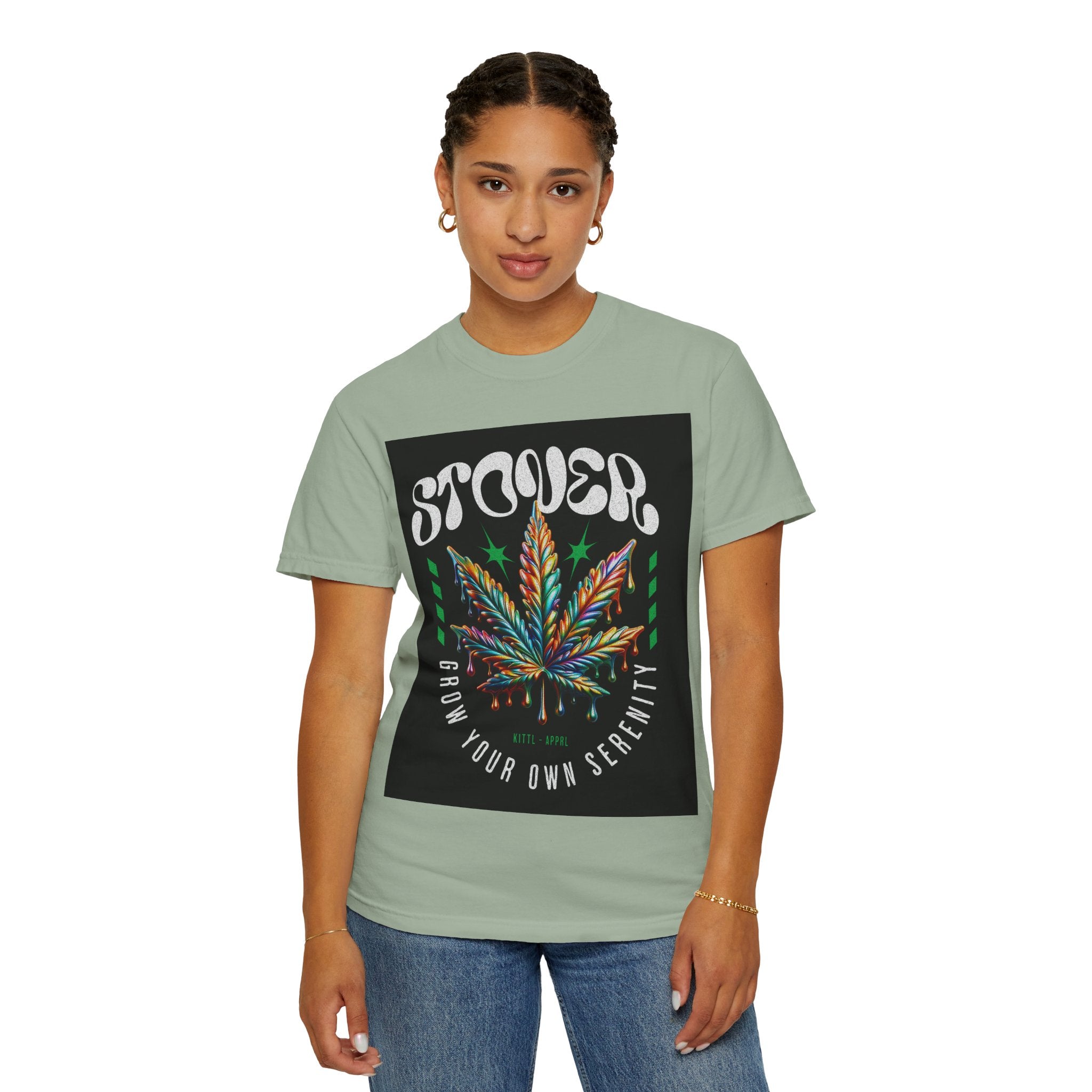 T-Shirt — Stover "Grow Your Own Serenity" Colorful Cannabis Leaf Graphic