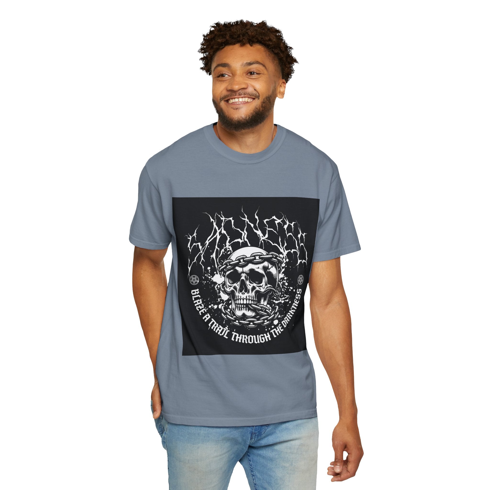 Graphic T-Shirt — 'Break a Path Through the Darkness' Skull Lightning Design