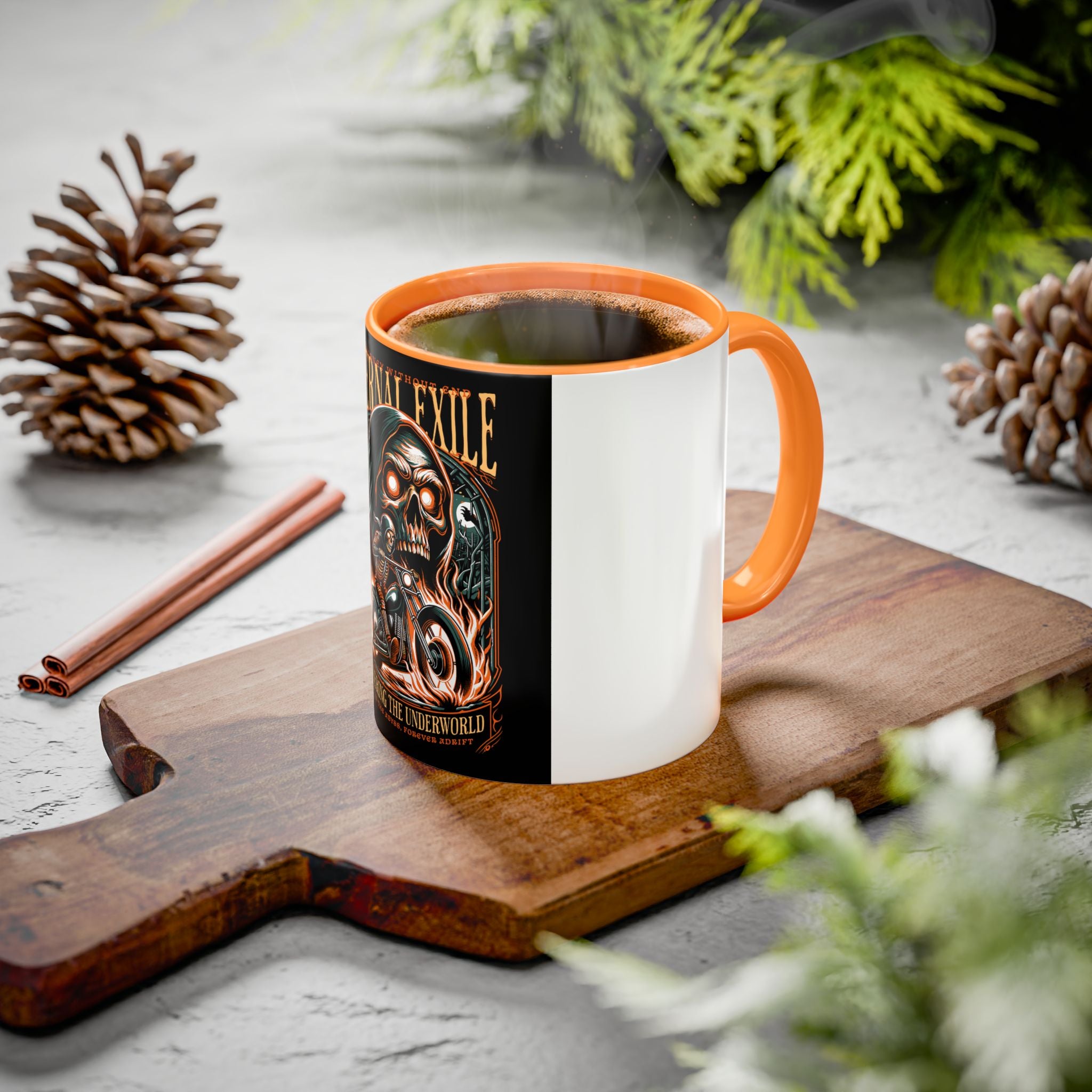 Eternal Exile Skull Biker Mug — Gothic Motorcycle Coffee Cup (11oz/15oz)