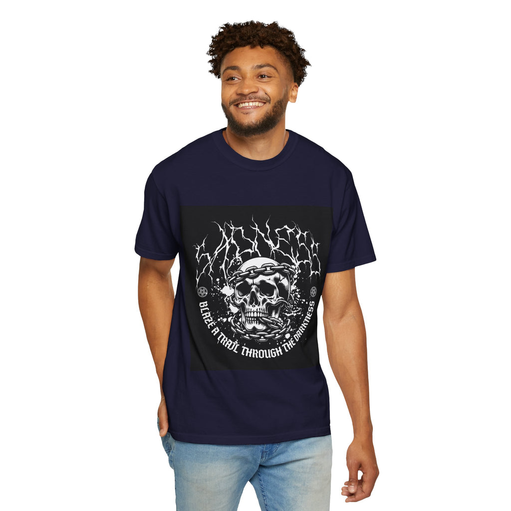 Graphic T-Shirt — 'Break a Path Through the Darkness' Skull Lightning Design