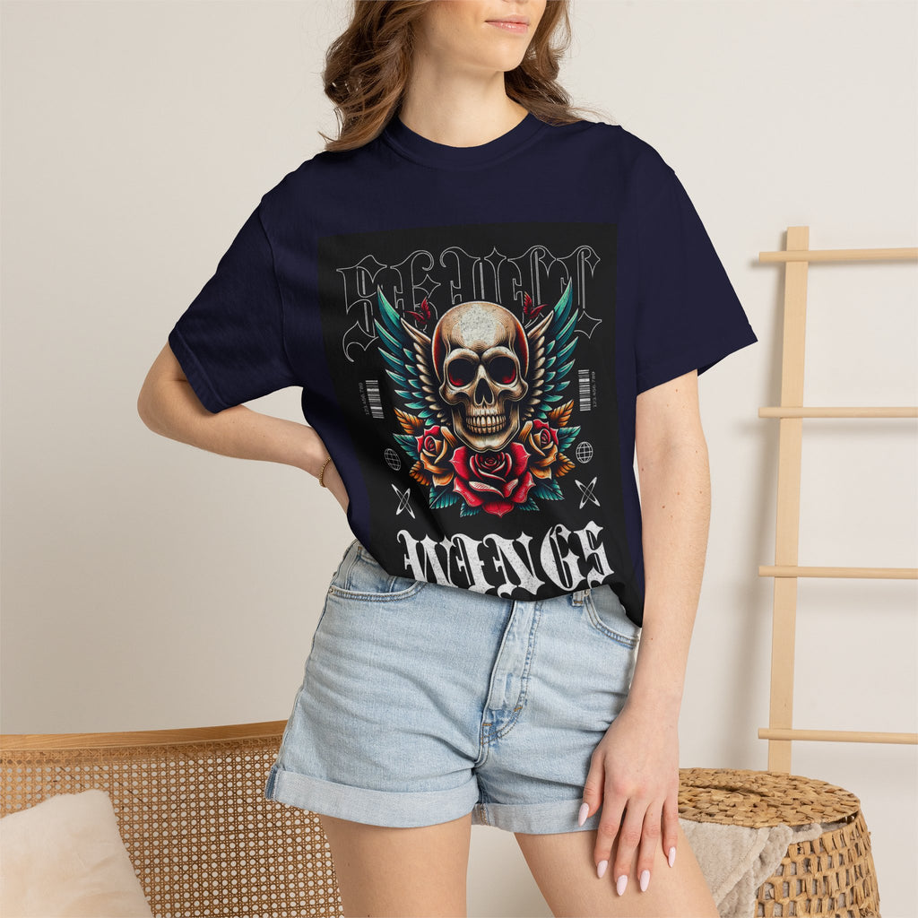 Skull Wings Graphic T-Shirt — Vintage Rock Tattoo Style with Roses