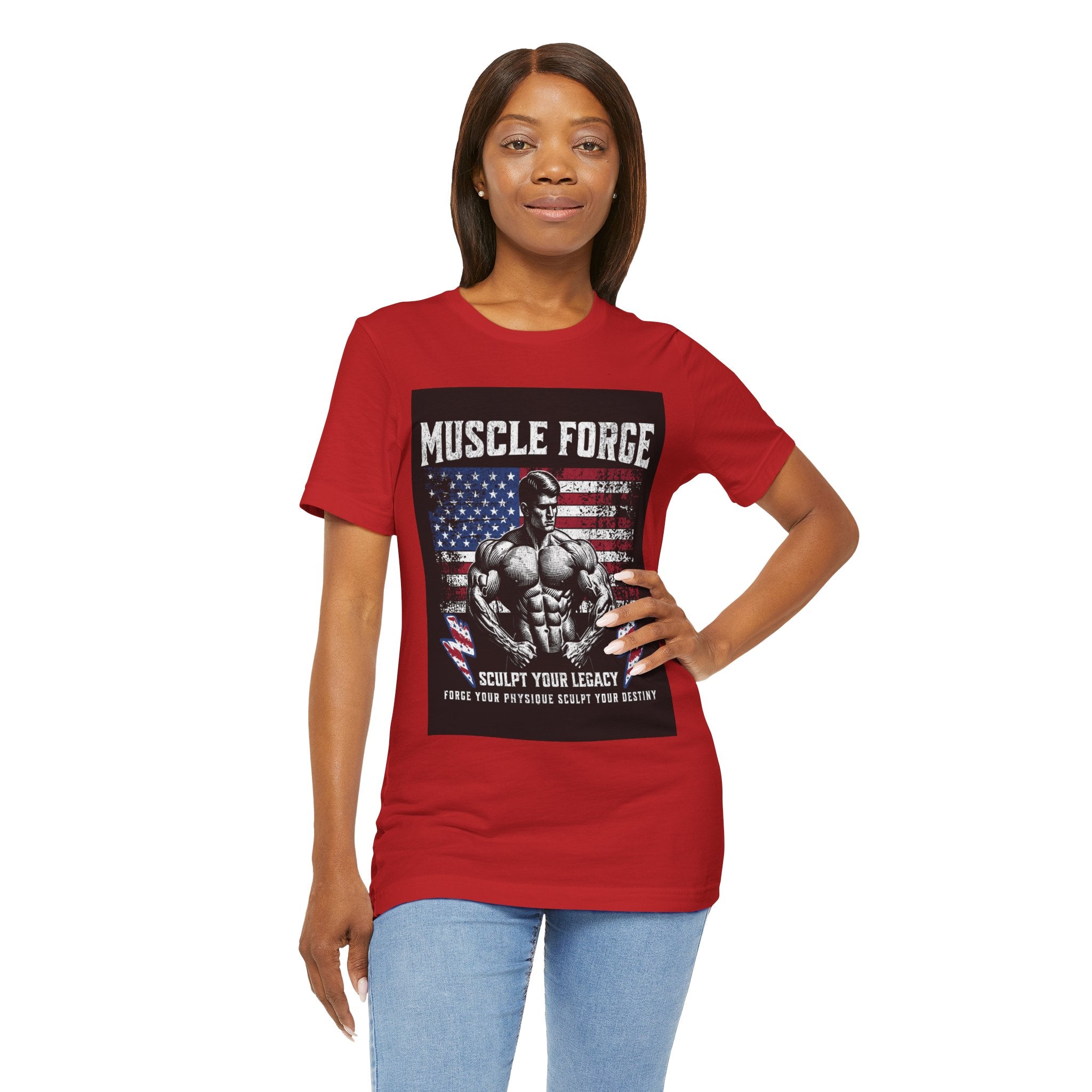 Muscle Forge American Flag Gym Tee — "Sculpt Your Legacy" Fitness T-Shirt